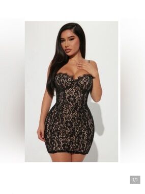 Fashion Nova Black Lace Bustier Chemise with Nude Lining